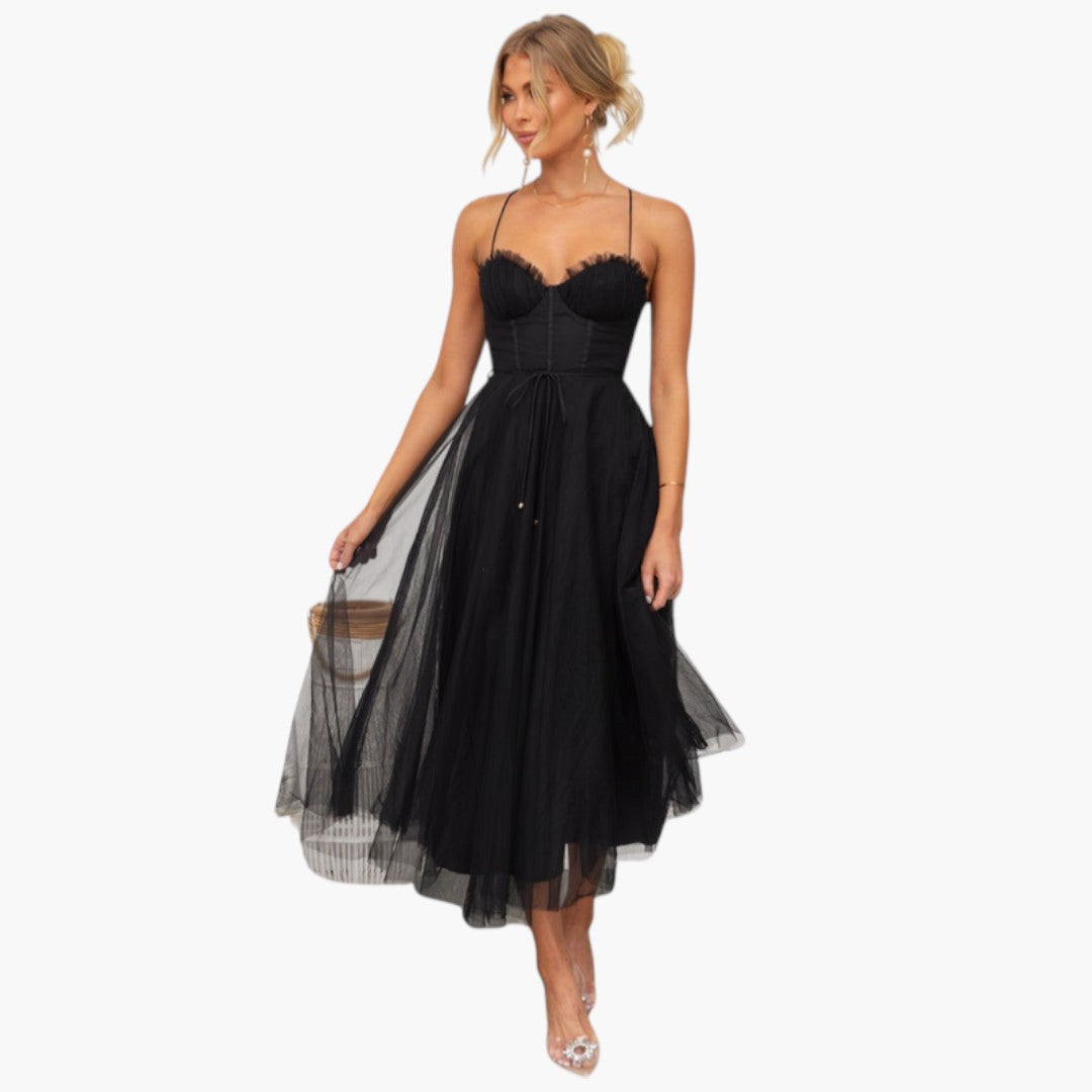 Midi Dress for Women with Thin Straps and Tulle Skirt