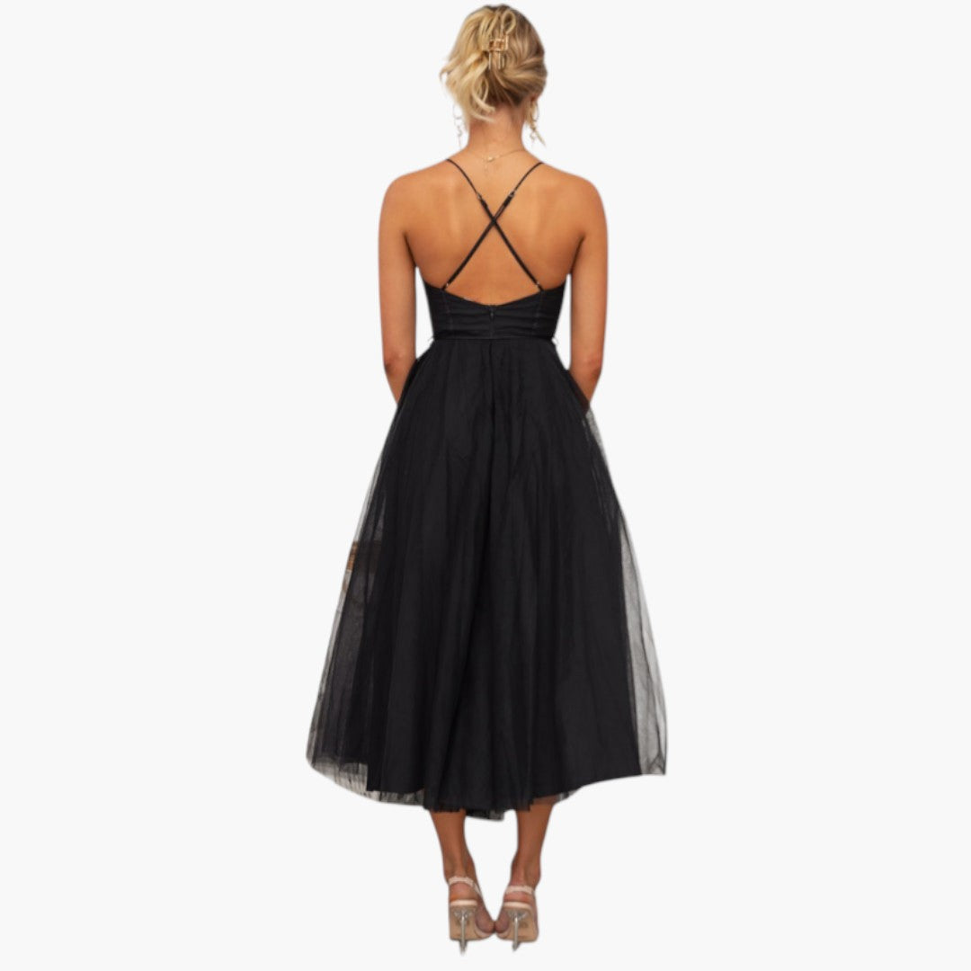 Midi Dress for Women with Thin Straps and Tulle Skirt
