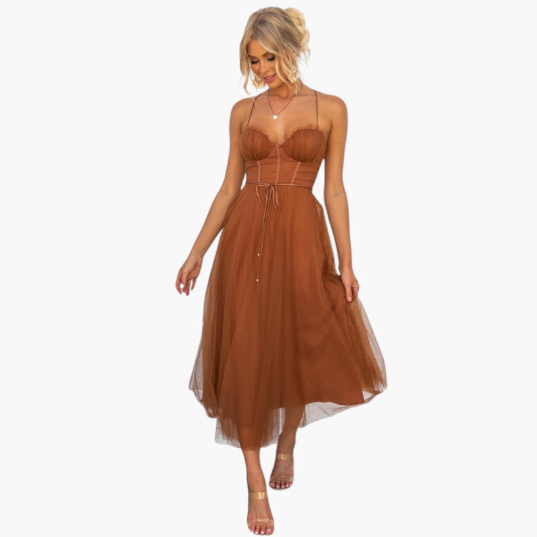 Midi Dress for Women with Thin Straps and Tulle Skirt