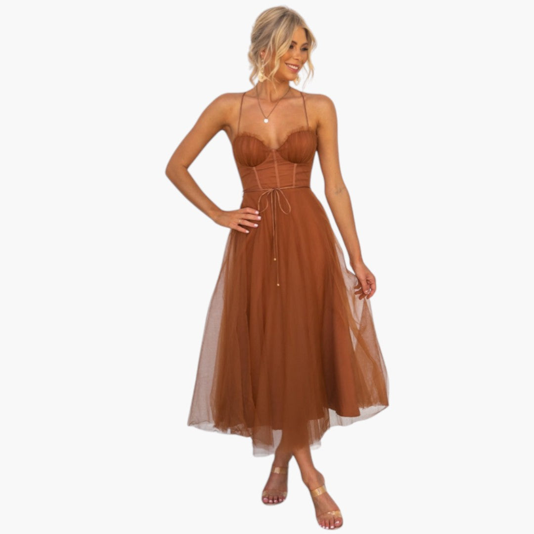 Midi Dress for Women with Thin Straps and Tulle Skirt