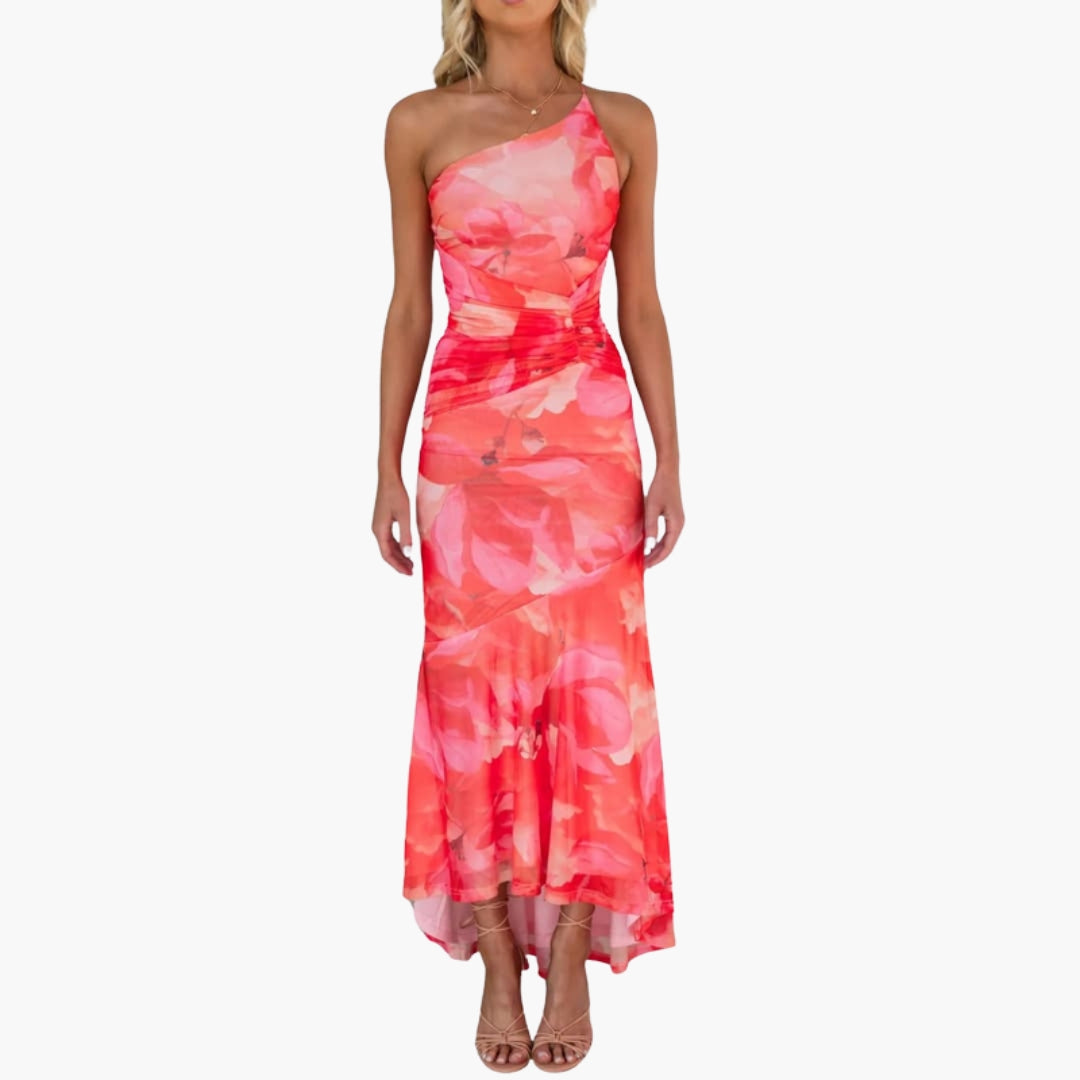 Vestido Midi Mulher com Um Ombro e Estampa na Superfície