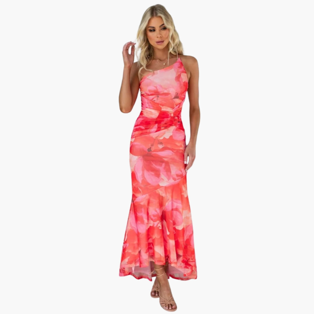 Vestido Midi Mulher com Um Ombro e Estampa na Superfície