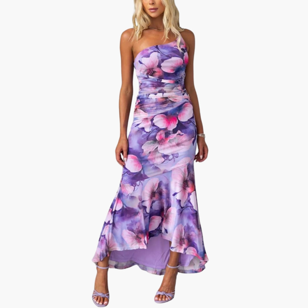 Vestido Midi Mulher com Um Ombro e Estampa na Superfície