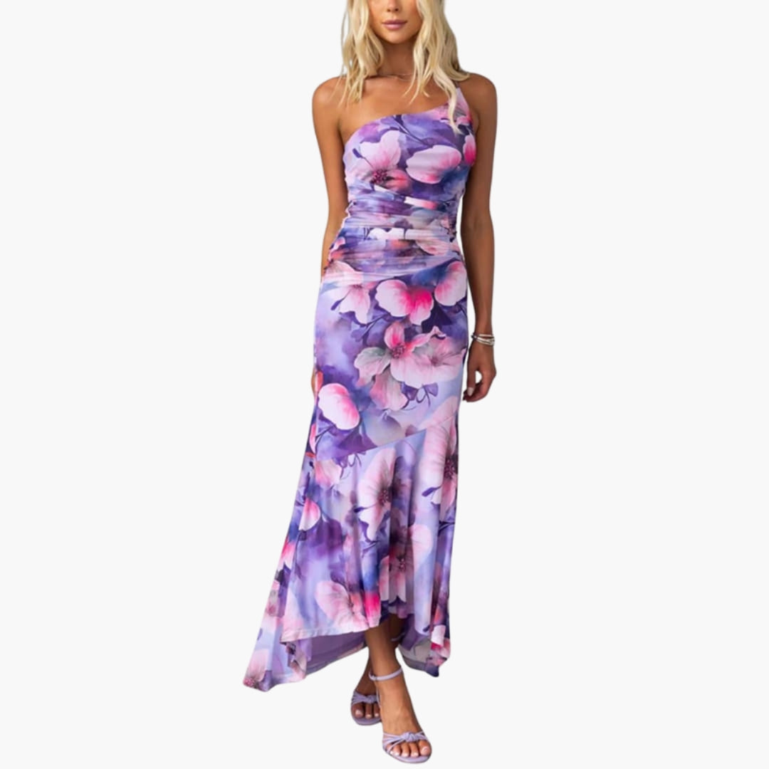 Vestido Midi Mulher com Um Ombro e Estampa na Superfície