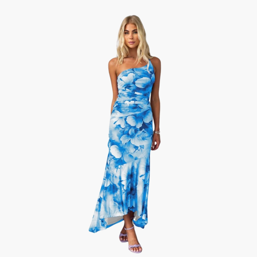 Vestido Midi Mulher com Um Ombro e Estampa na Superfície