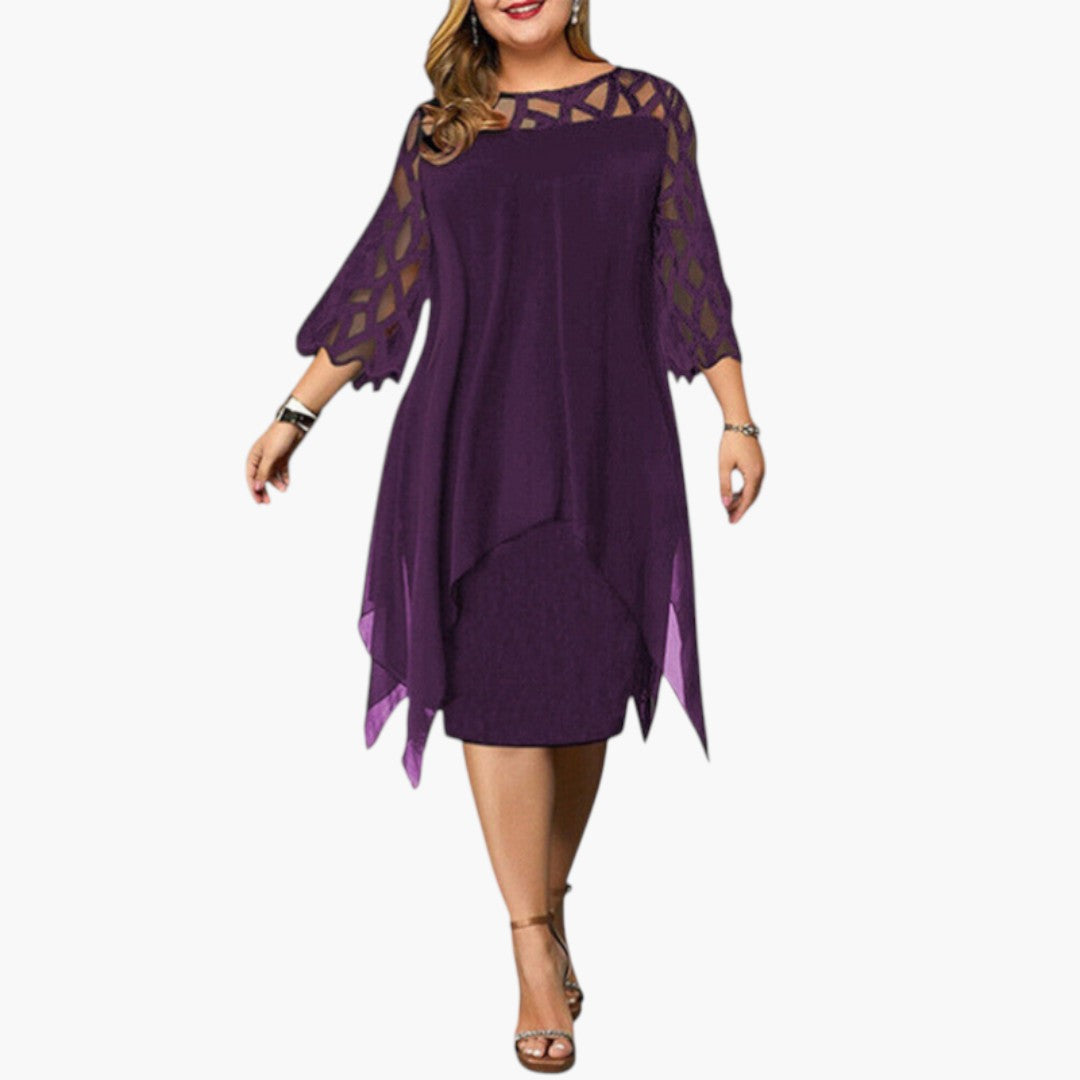 Robe Midi Femme avec Col Rond et Manches à Découpes