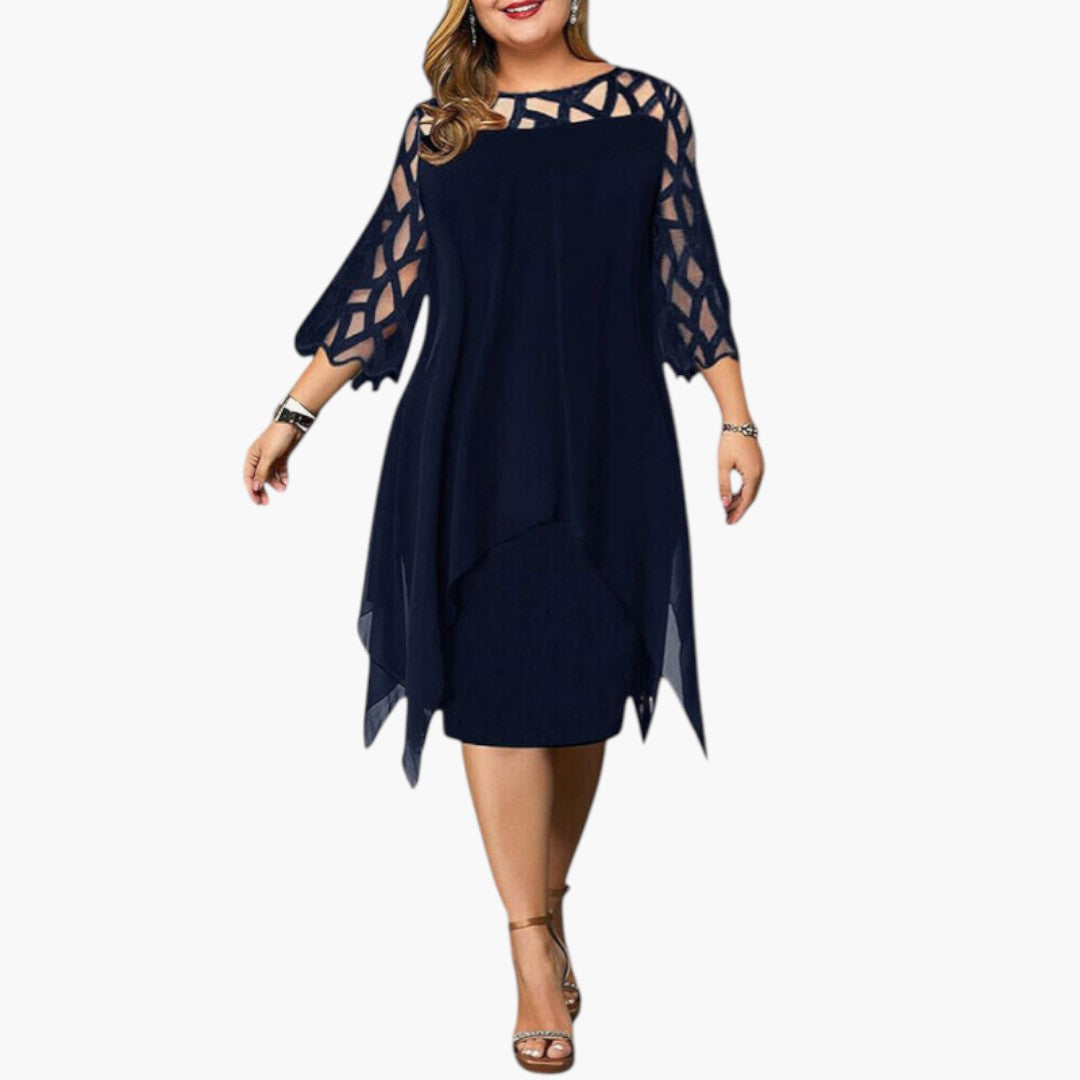 Robe Midi Femme avec Col Rond et Manches à Découpes