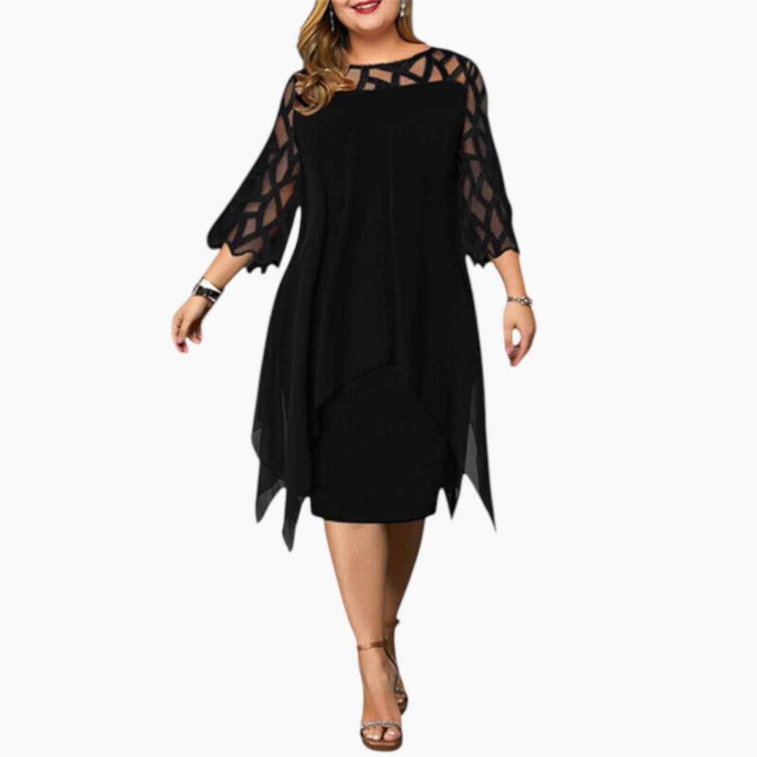Robe Midi Femme avec Col Rond et Manches à Découpes