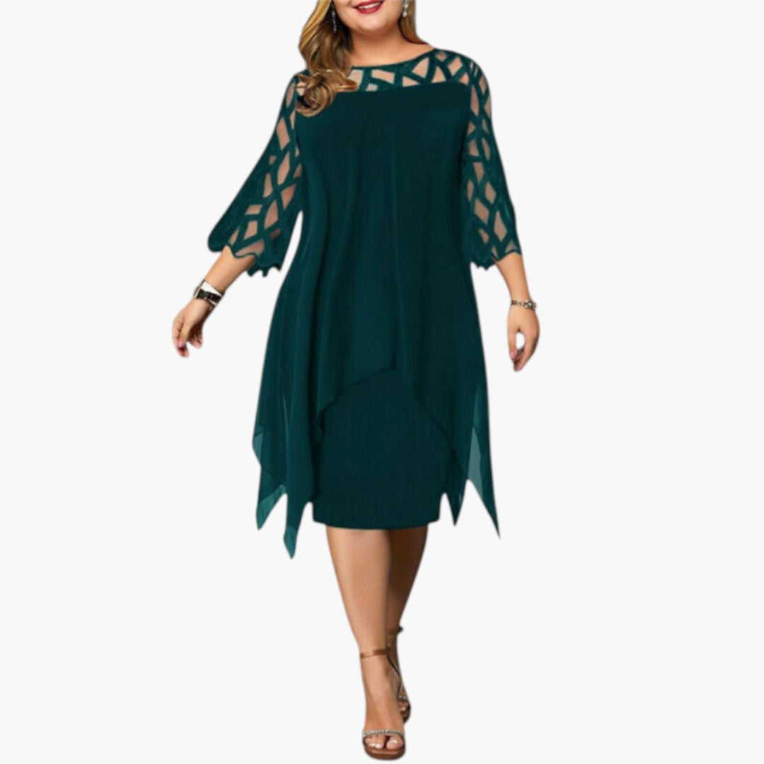 Robe Midi Femme avec Col Rond et Manches à Découpes
