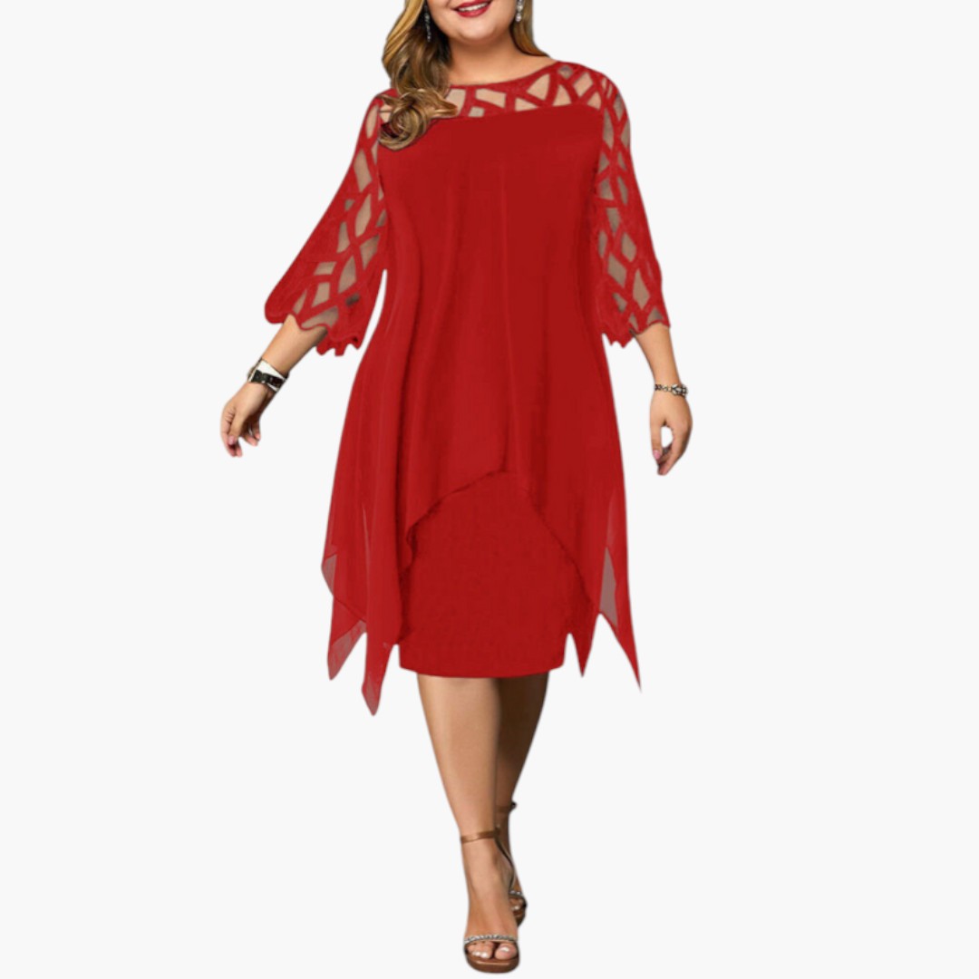 Robe Midi Femme avec Col Rond et Manches à Découpes
