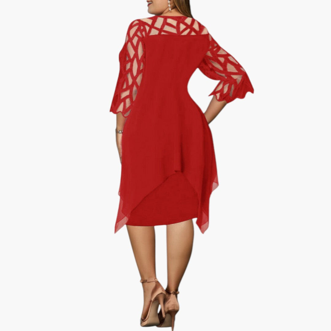Robe Midi Femme avec Col Rond et Manches à Découpes