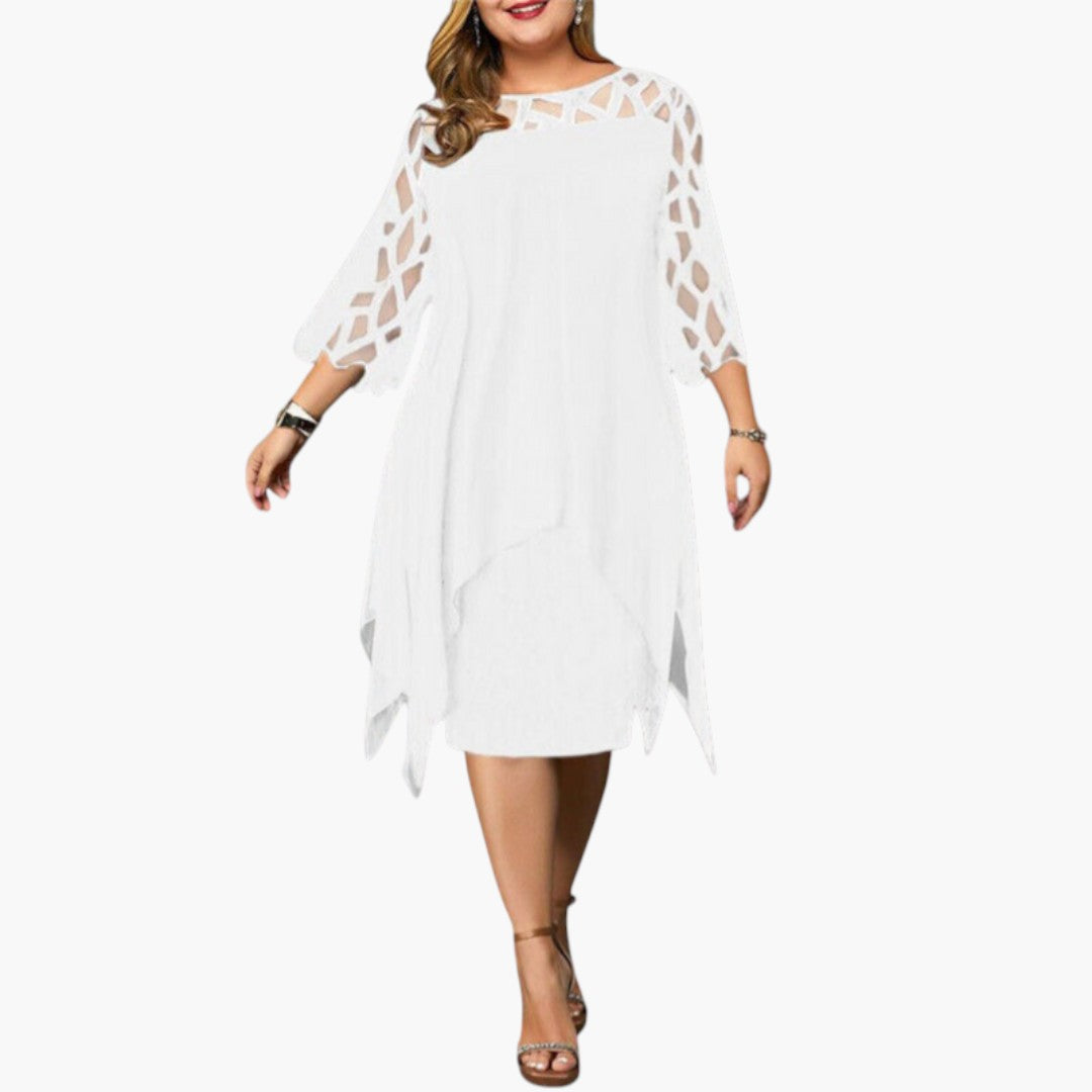Robe Midi Femme avec Col Rond et Manches à Découpes