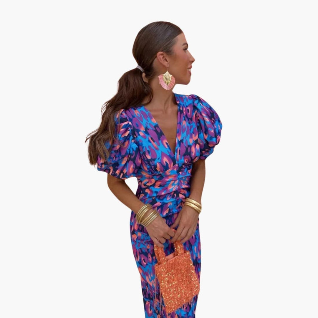 Abito Midi Donna con Scollo a V e Maniche a Sbuffo