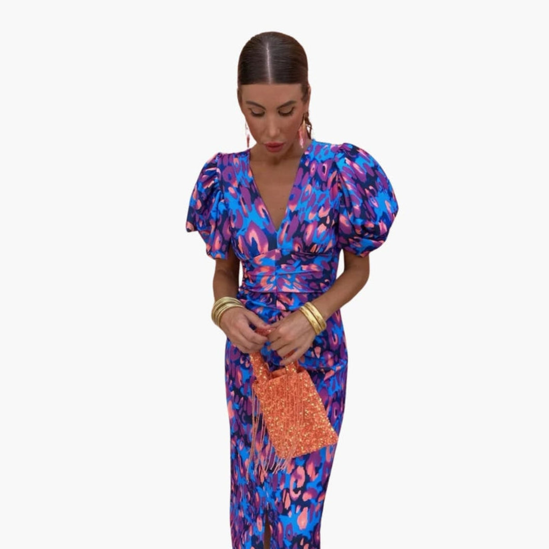 Robe Midi Femme avec Col en V et Manches Bouffantes