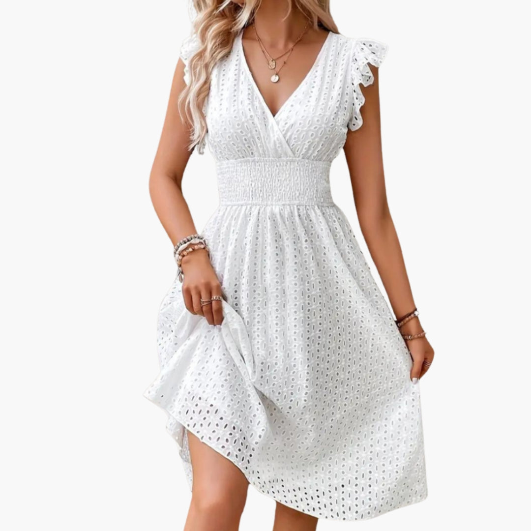 Robe Midi Femme avec Col en V et Manches Volantes
