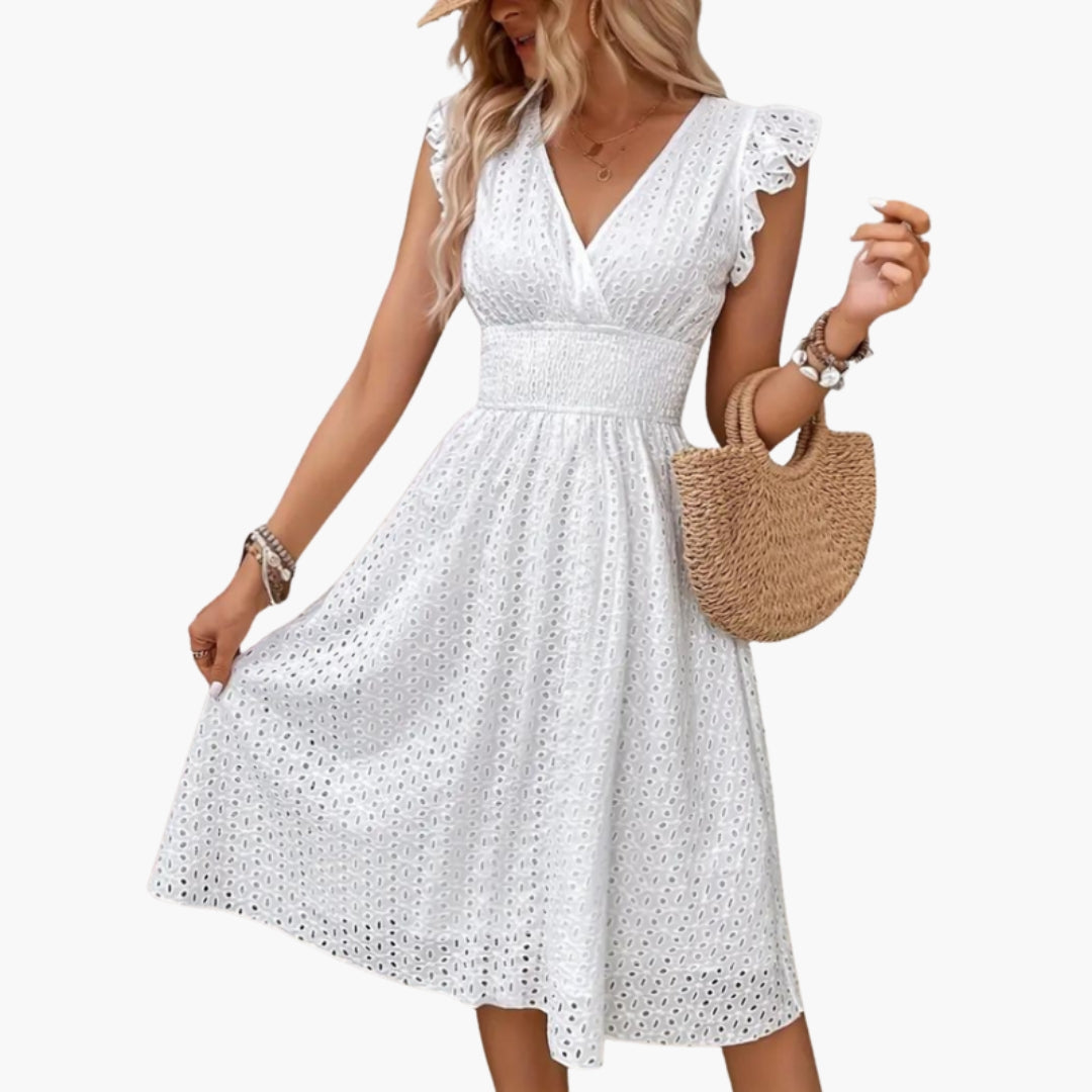 Robe Midi Femme avec Col en V et Manches Volantes