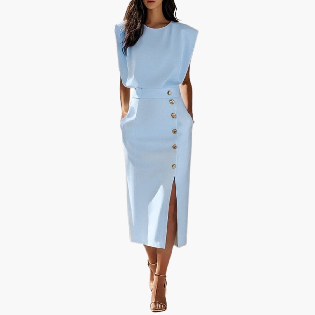 Robe Midi Femme avec Détail Boutonné et Fente Latérale