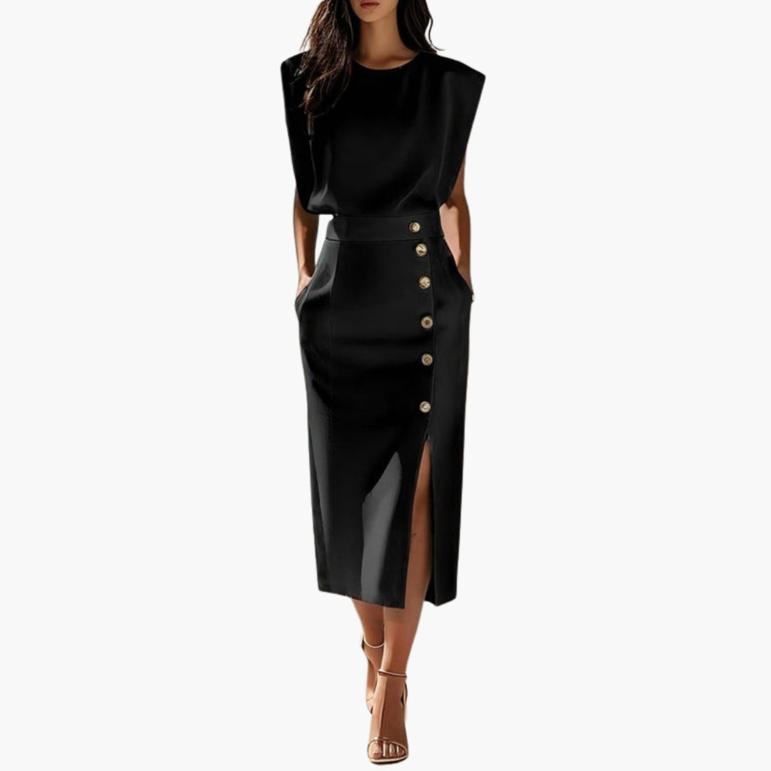 Robe Midi Femme avec Détail Boutonné et Fente Latérale