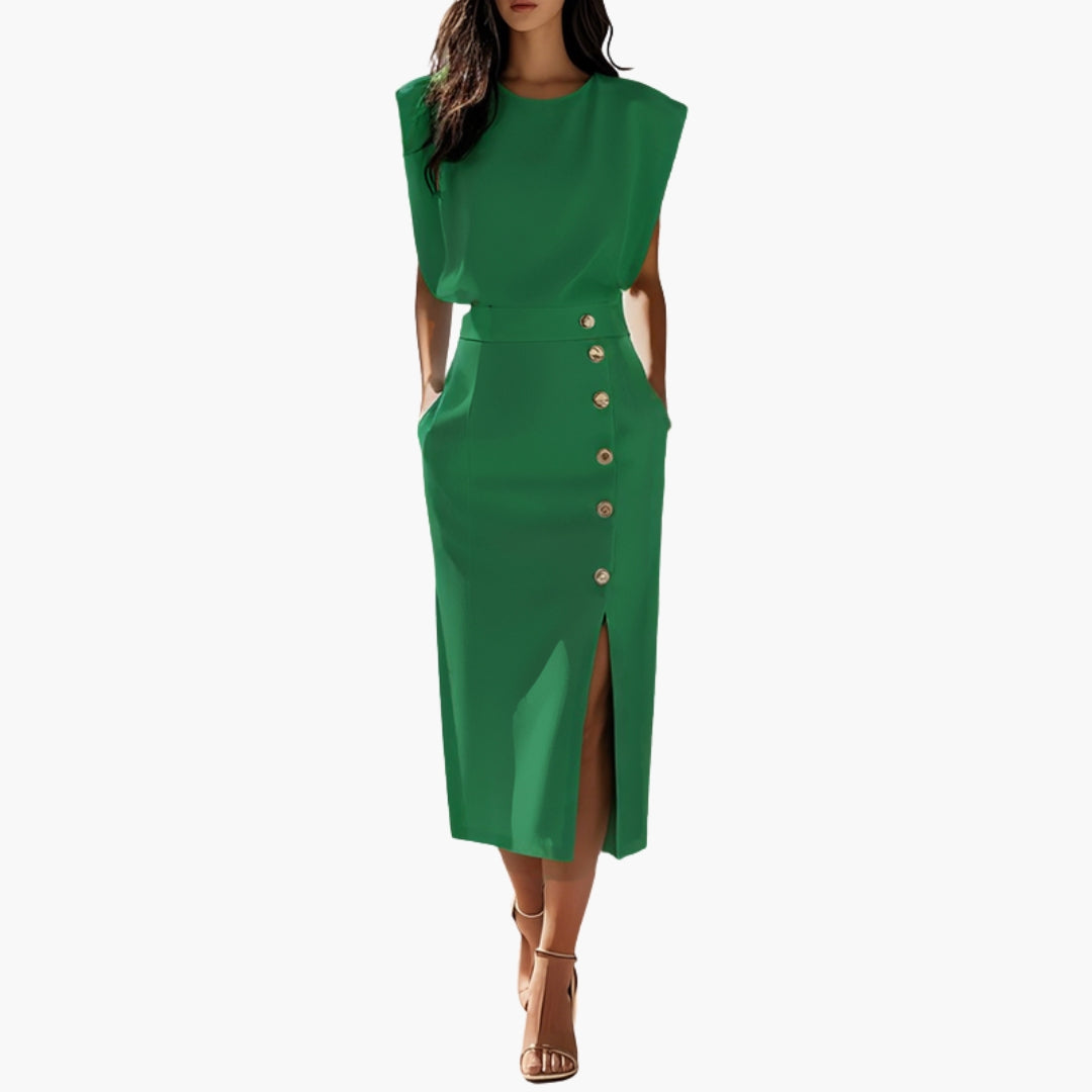 Robe Midi Femme avec Détail Boutonné et Fente Latérale