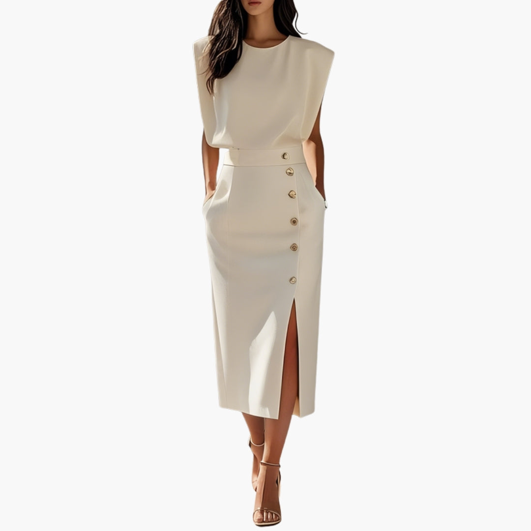 Robe Midi Femme avec Détail Boutonné et Fente Latérale