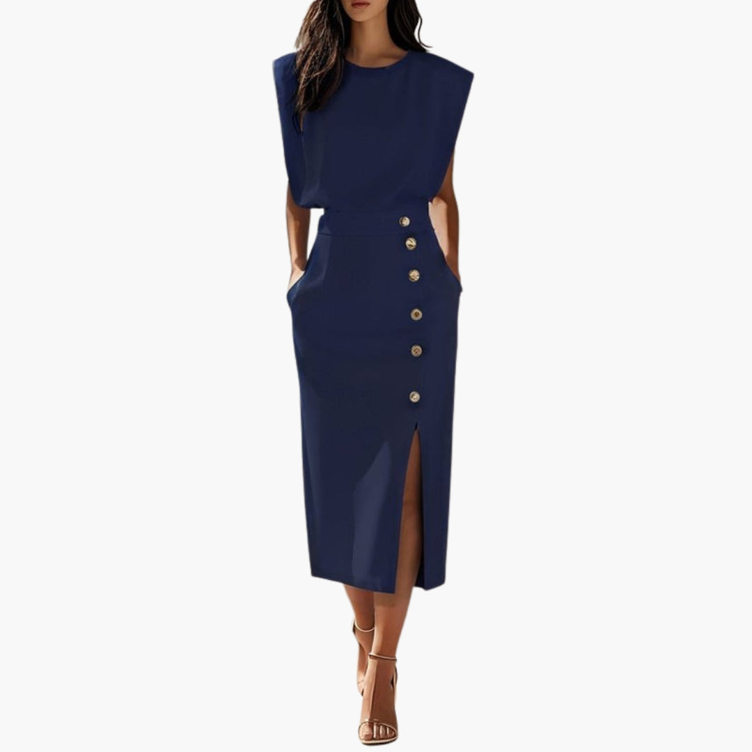 Robe Midi Femme avec Détail Boutonné et Fente Latérale