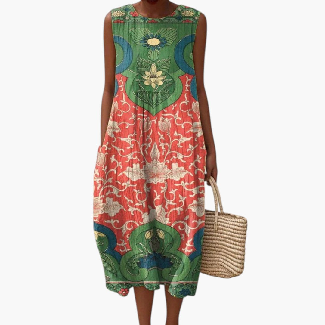 Robe Midi Femme avec Encolure Ronde et Motif Floral
