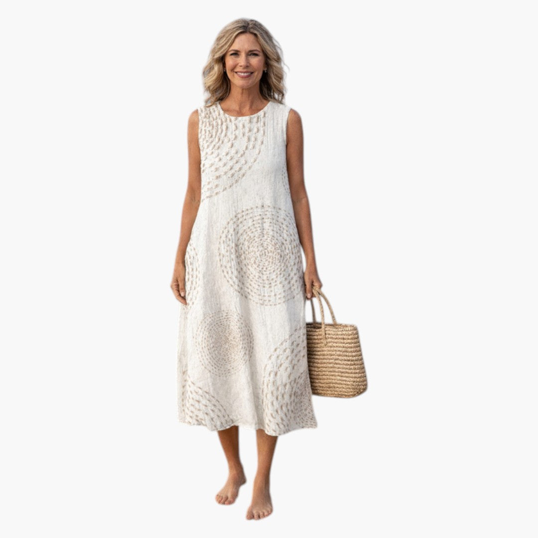 Robe Midi Femme avec Encolure Ronde et Poches