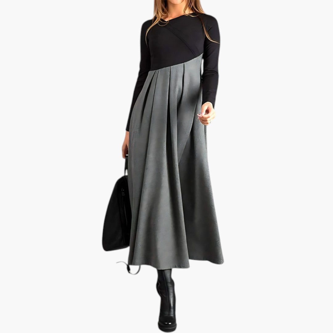 Abito Midi Donna con Scollo Strutturato e Gonna Plissettata