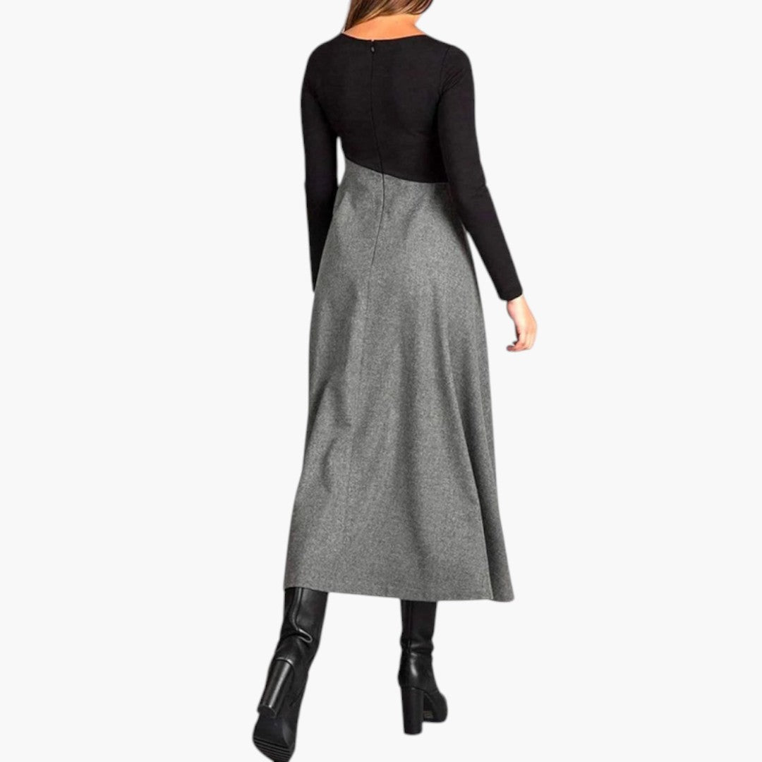 Abito Midi Donna con Scollo Strutturato e Gonna Plissettata