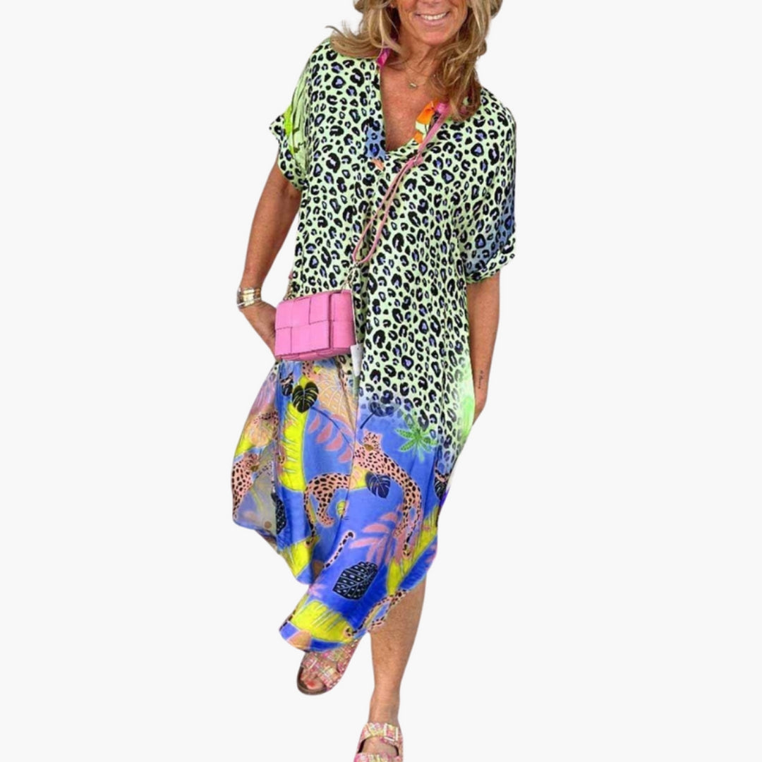 Abito Midi Donna con Scollo a V e Stampa sulla Superficie