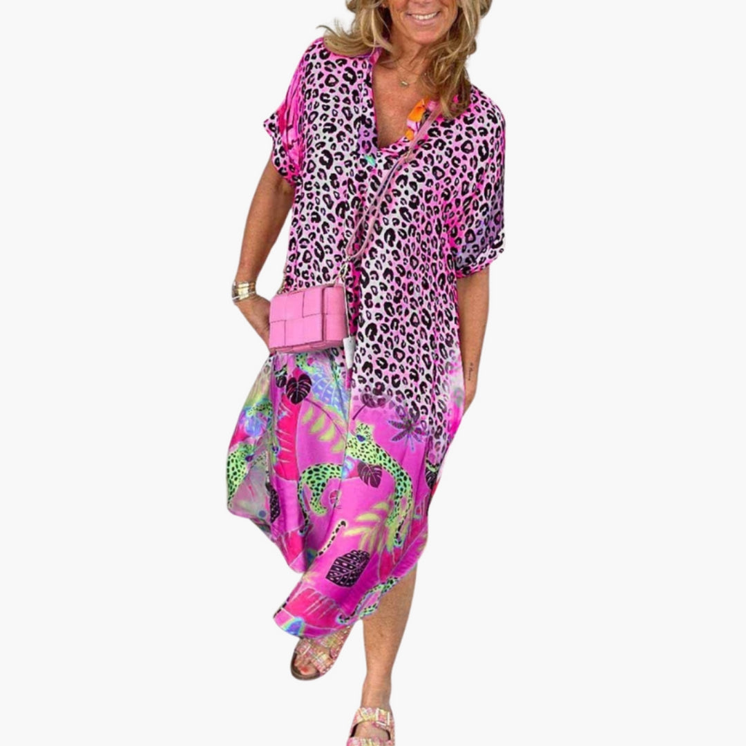 Abito Midi Donna con Scollo a V e Stampa sulla Superficie