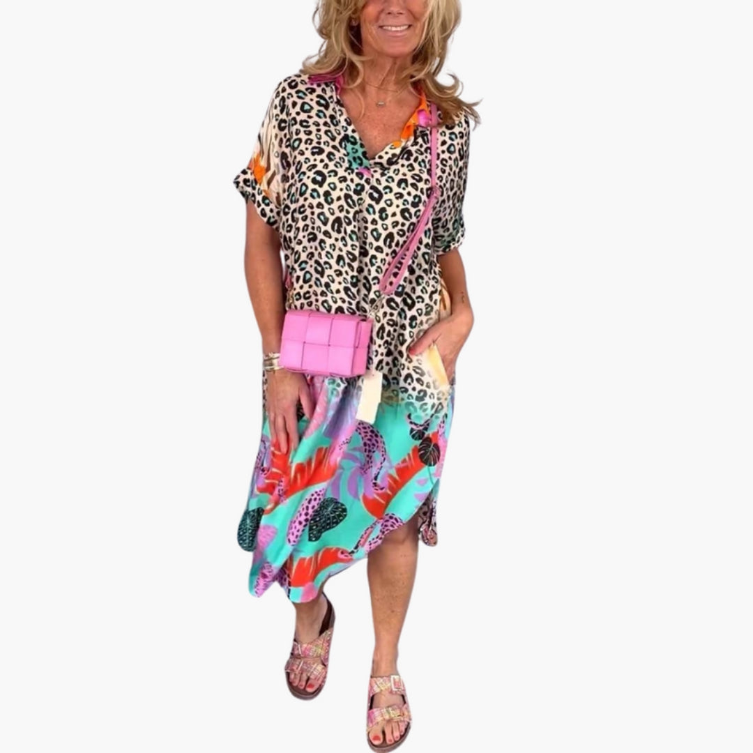 Abito Midi Donna con Scollo a V e Stampa sulla Superficie