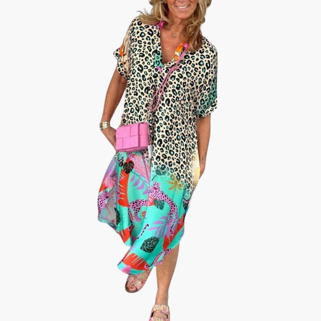 Abito Midi Donna con Scollo a V e Stampa sulla Superficie