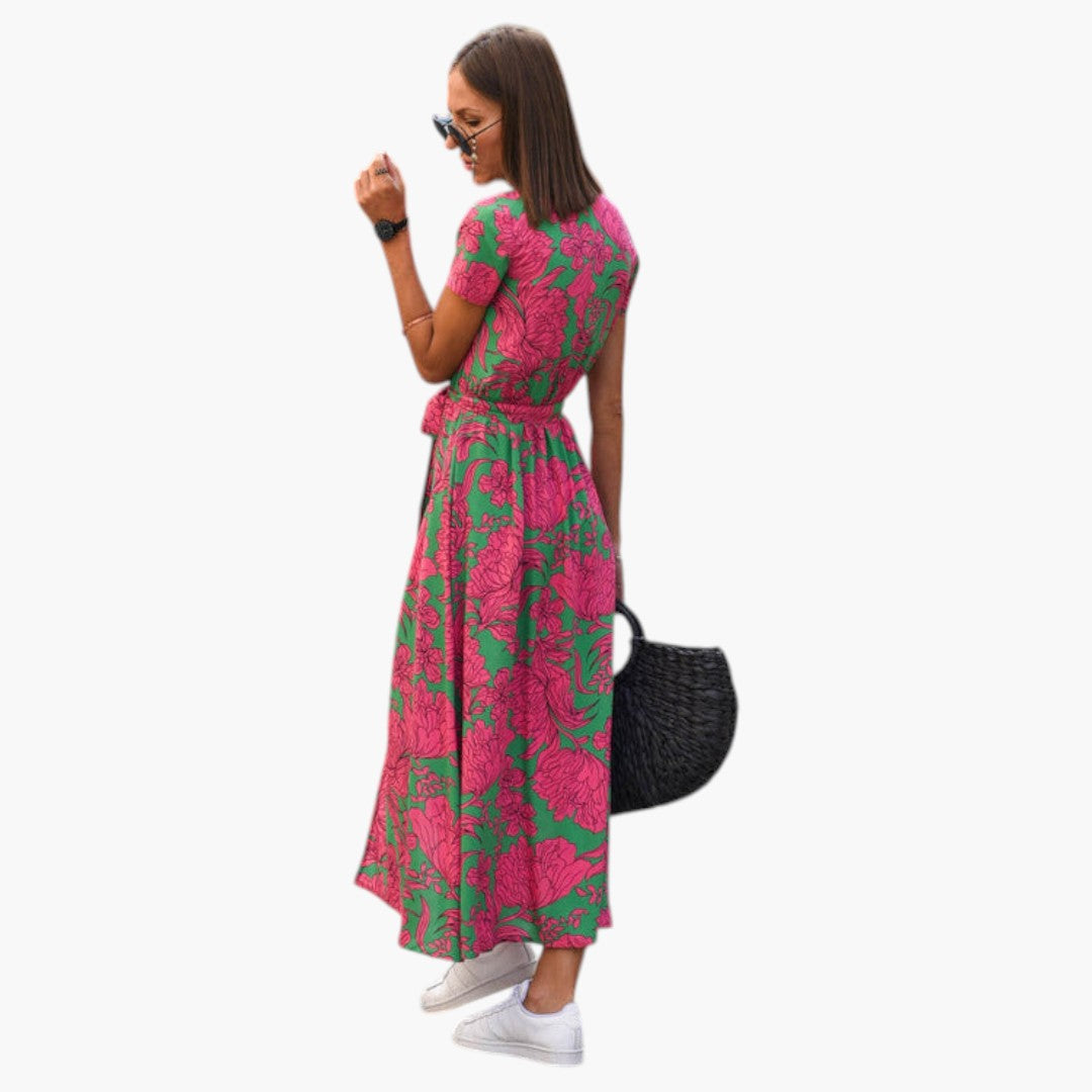 Abito Midi Donna con Stampa e Scollo a V