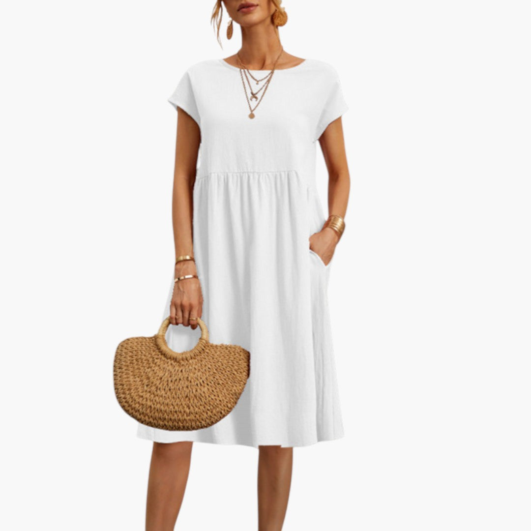 Robe Midi Femme avec Manches Courtes et Poches Latérales