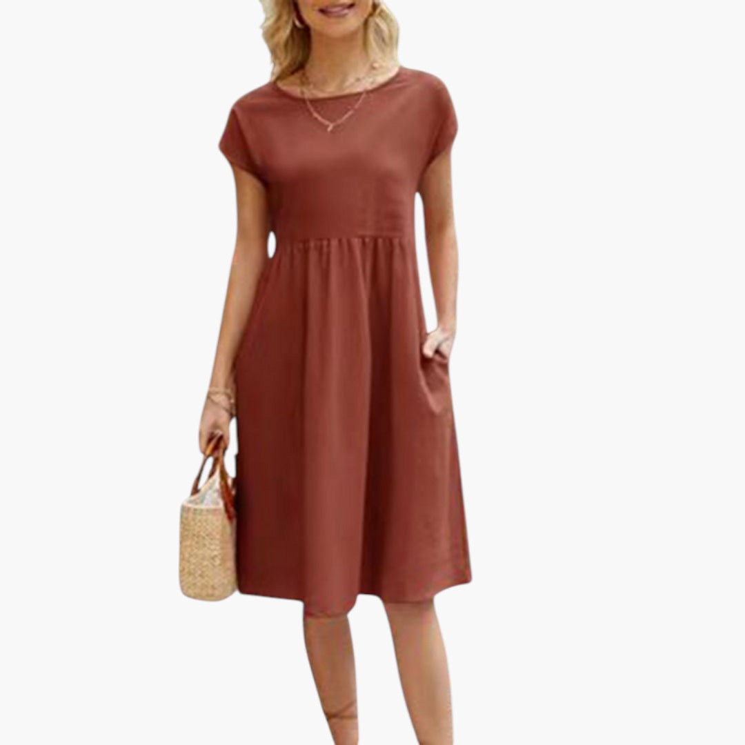 Robe Midi Femme avec Manches Courtes et Poches Latérales