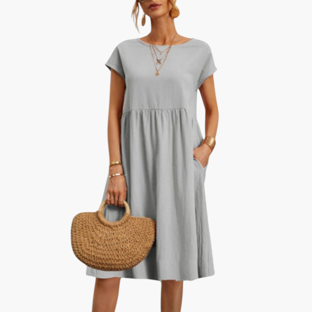 Robe Midi Femme avec Manches Courtes et Poches Latérales