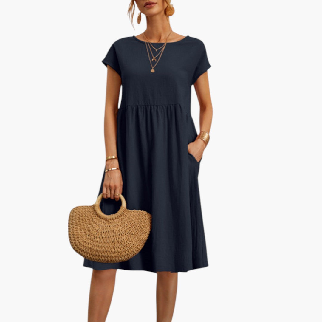 Robe Midi Femme avec Manches Courtes et Poches Latérales