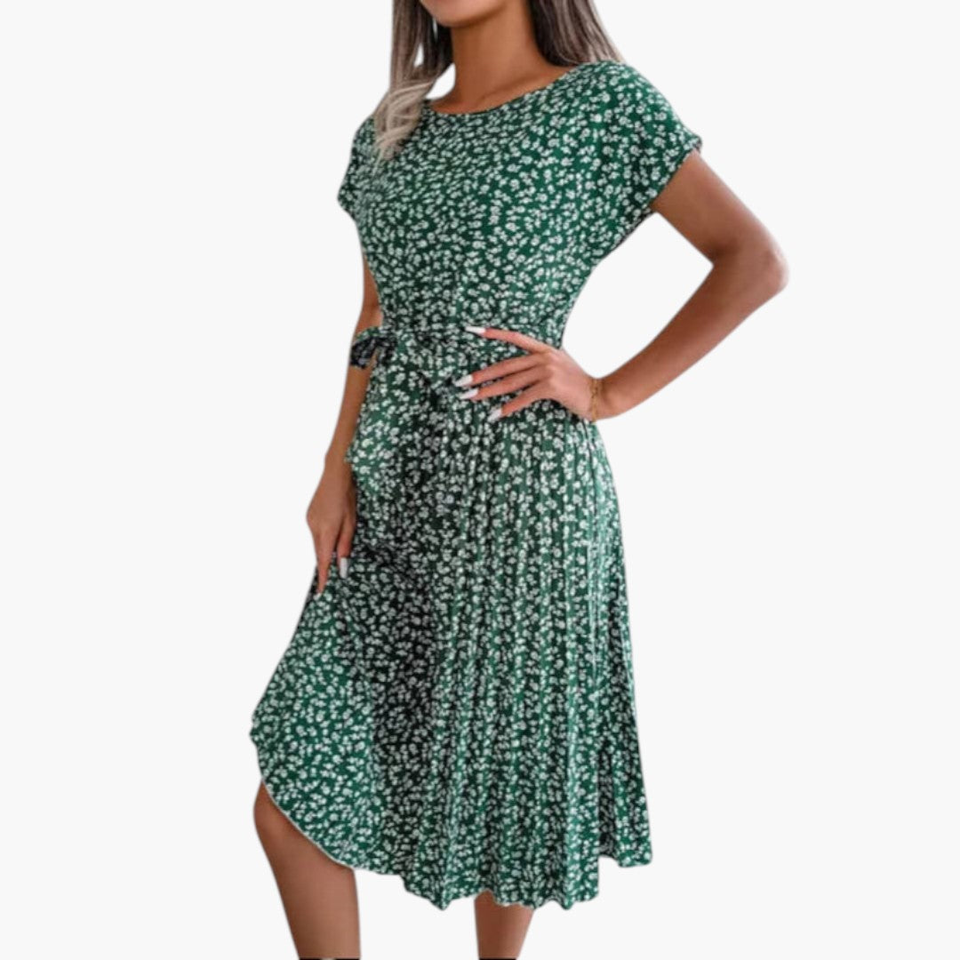 Robe Midi Femme avec Manches Courtes et Taille à Nouer