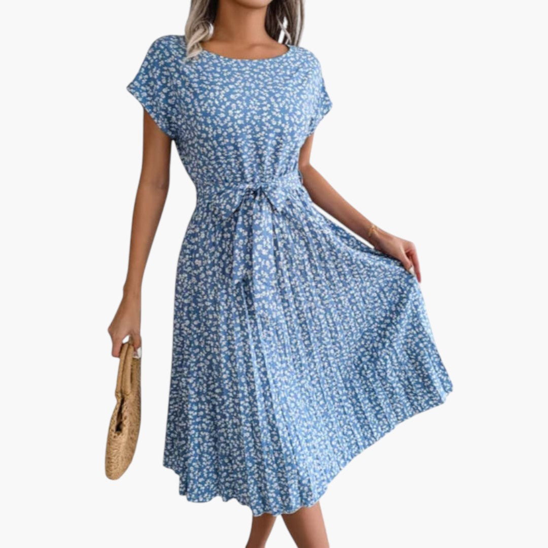 Robe Midi Femme avec Manches Courtes et Taille à Nouer