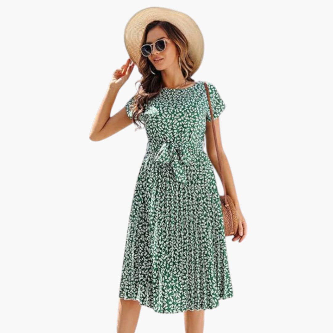 Robe Midi Femme avec Manches Courtes et Taille à Nouer