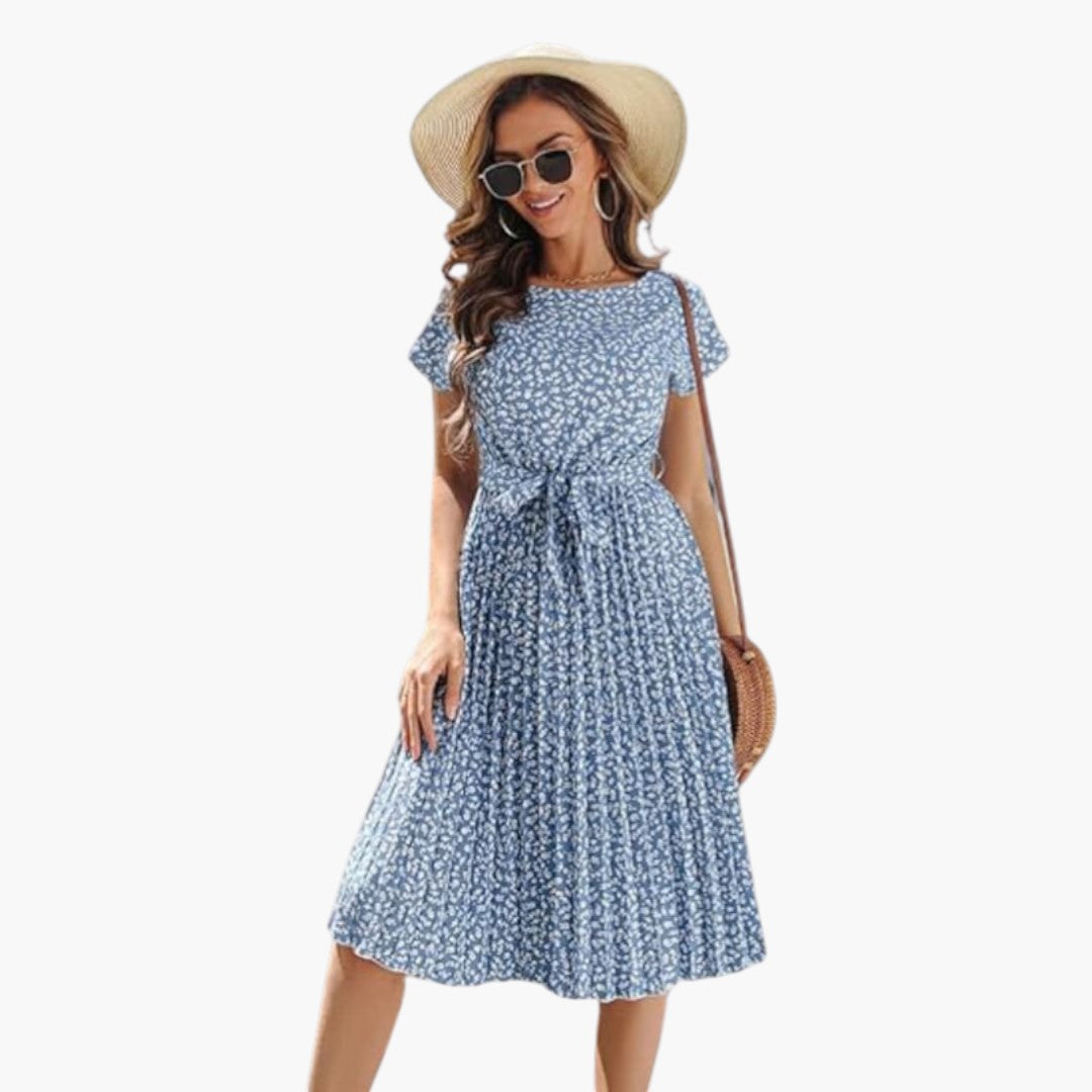 Robe Midi Femme avec Manches Courtes et Taille à Nouer