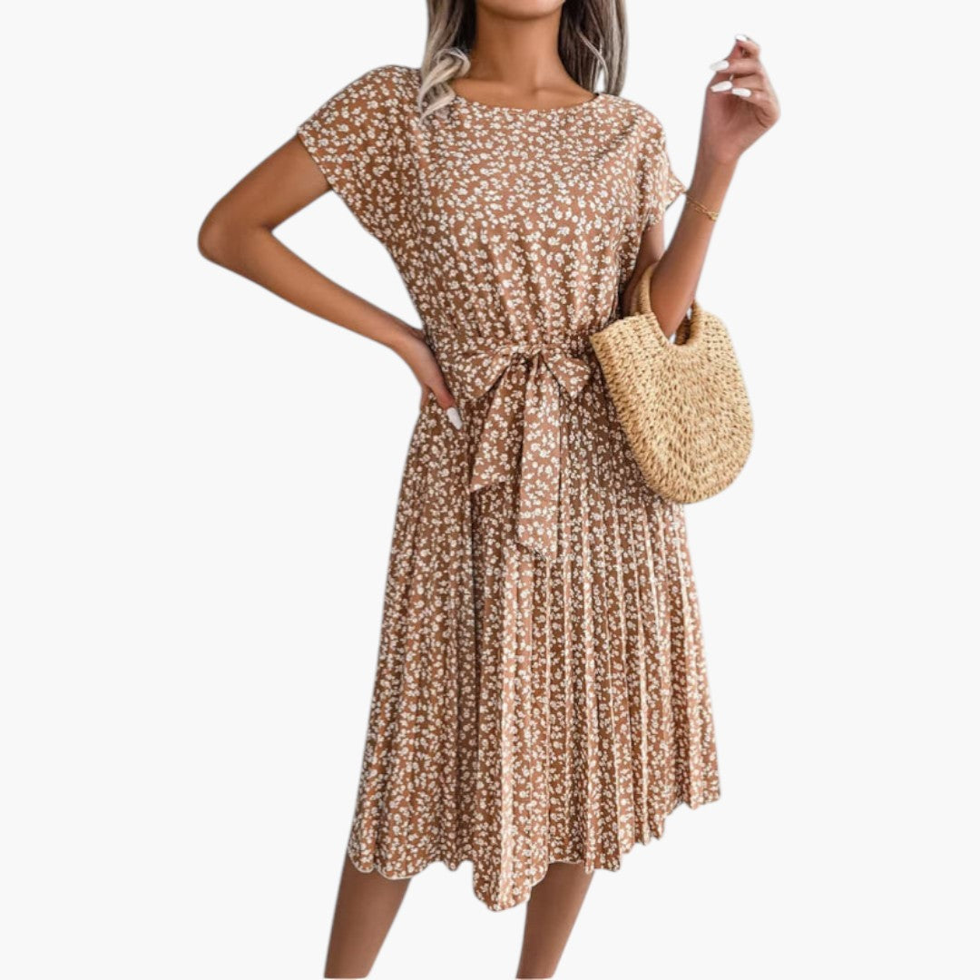Robe Midi Femme avec Manches Courtes et Taille à Nouer