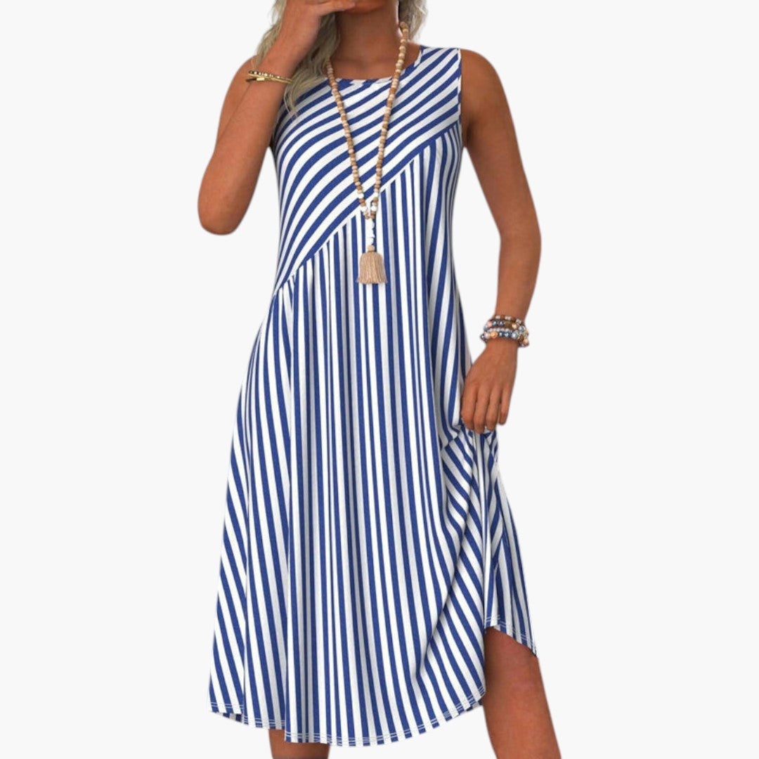 Robe Midi Femme sans Manches avec Motif Rayé et Coupe Ajustée