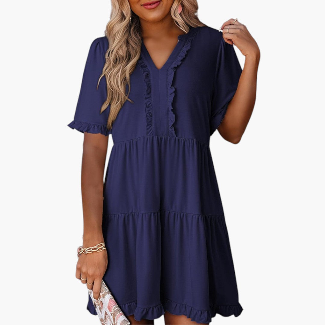 Abito Mini Donna con Scollo a V e Bordo a Volant