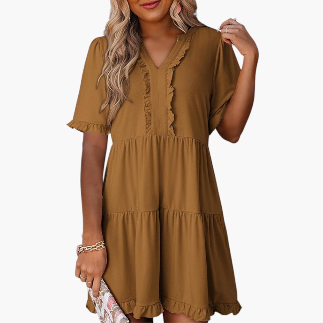 Abito Mini Donna con Scollo a V e Bordo a Volant