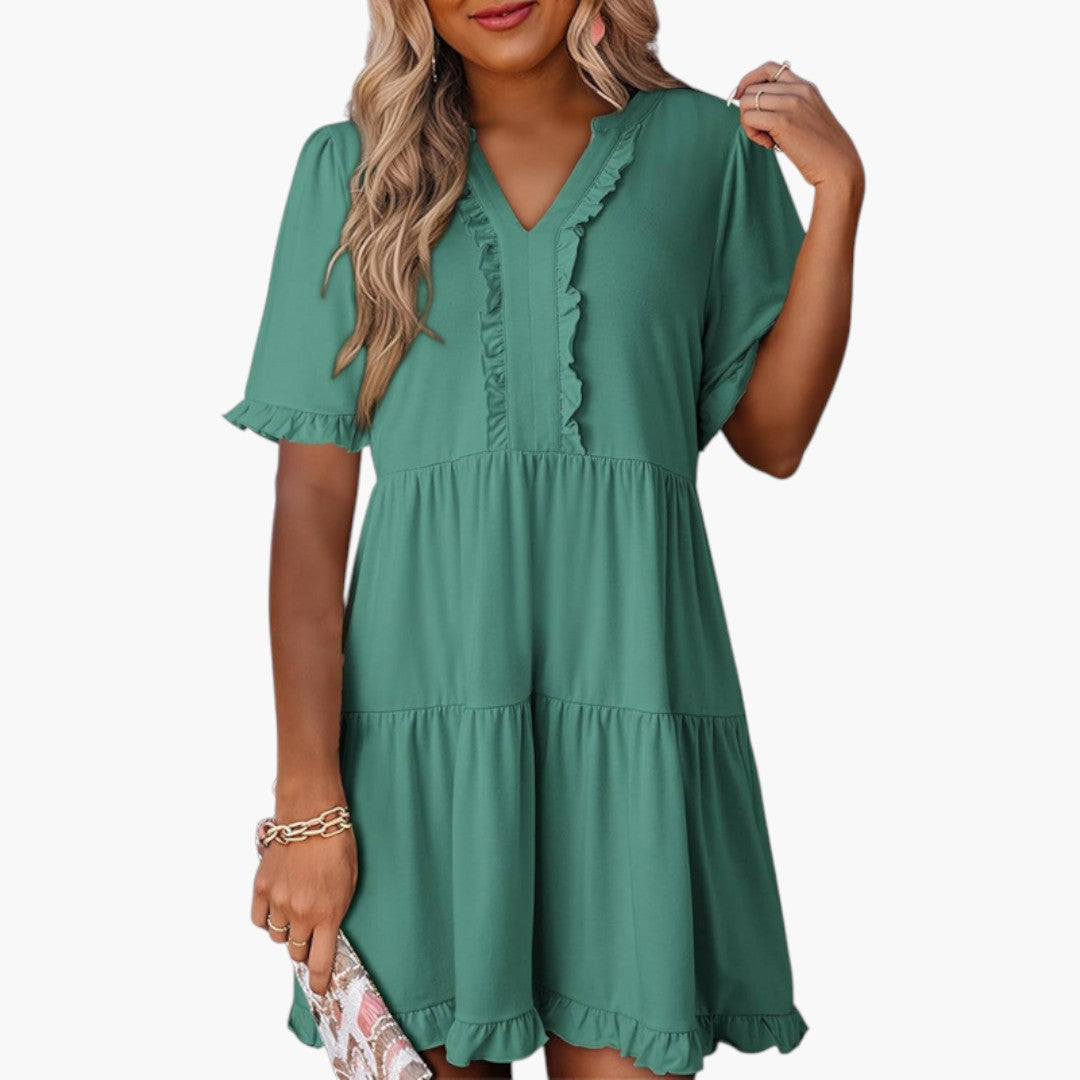 Abito Mini Donna con Scollo a V e Bordo a Volant