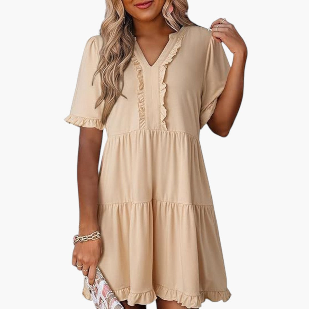 Abito Mini Donna con Scollo a V e Bordo a Volant