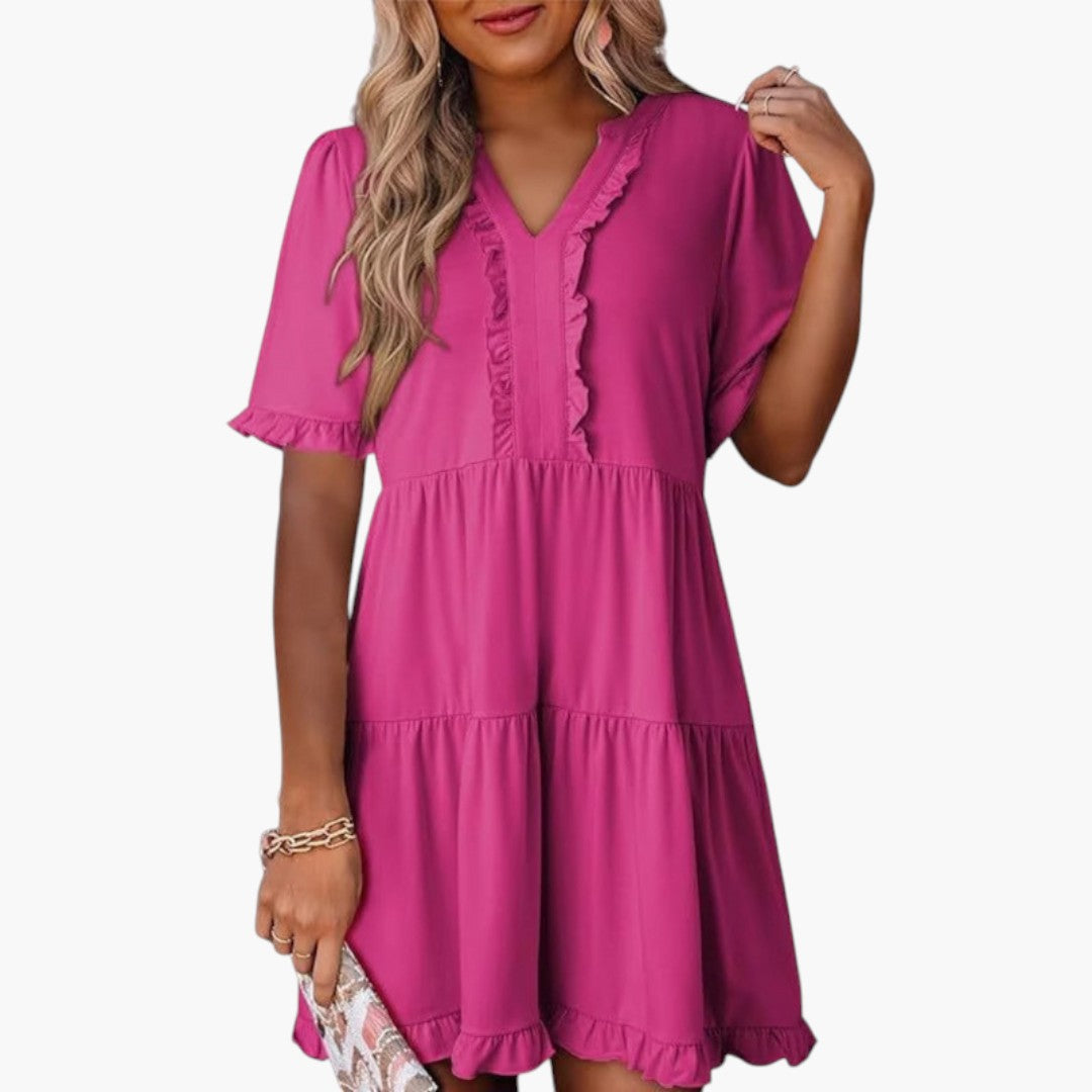 Abito Mini Donna con Scollo a V e Bordo a Volant