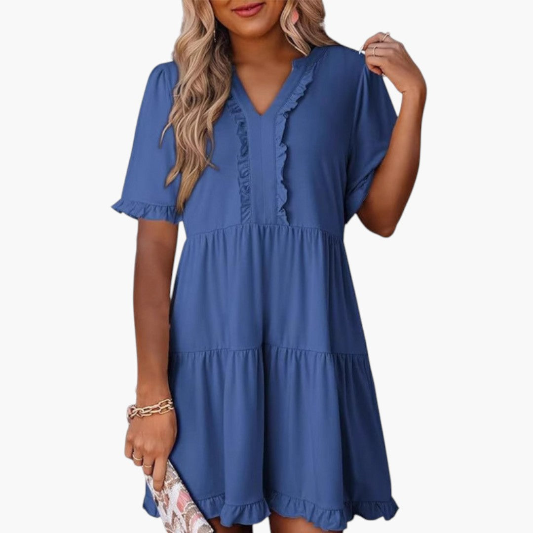 Abito Mini Donna con Scollo a V e Bordo a Volant